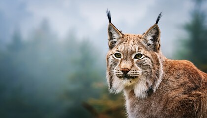 Naklejka premium Majestic Lynx Portrait: A captivating portrait of a lynx, showcasing its piercing gaze and distinctive features against a blurred, atmospheric backdrop.
