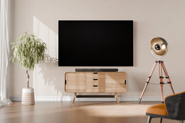 LED TV , living room with wooden cabinet,minimal design,3d rendering interior.