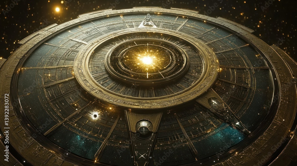 Poster a circular metallic structure floating within outer space and stars