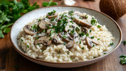 Deliciously Rich Coconut Mushroom Risotto with Parsley for Colorful Presentation