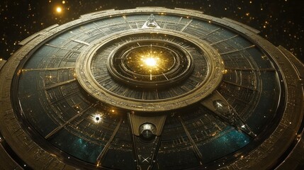 Obraz premium A circular metallic structure floating within outer space and stars