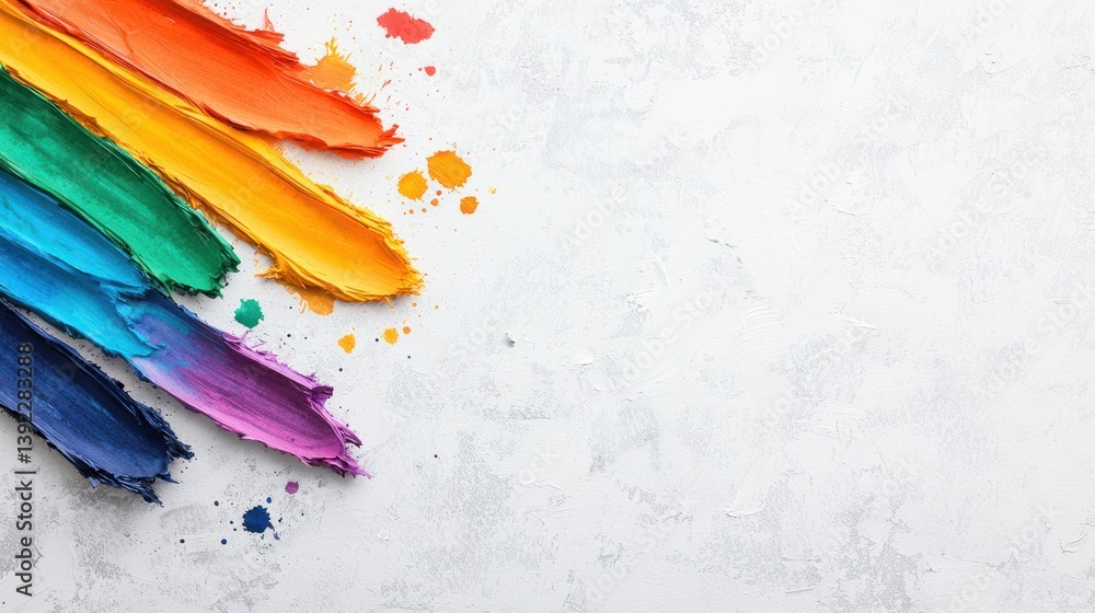Poster Vibrant rainbow paint strokes create an artistic abstract design on a textured white background perfect for design projects.