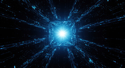 Fototapeta premium Blue Tech Tunnel: Light Speed Data Stream, Futuristic Network, Digital Vortex, Abstract Technology, Connection, Cyberpunk Vision