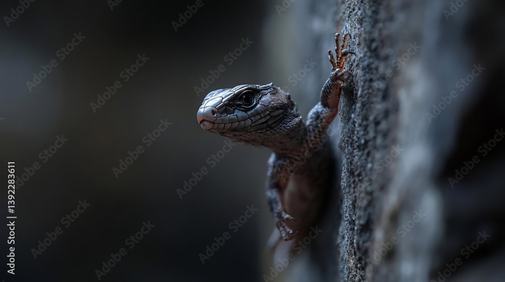 Poster close-up of a small, dark-colored lizard clinging to a rough, textured rock face. the lizard's skin 