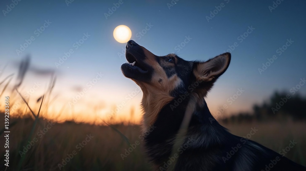 Poster a dog howls at a bright moon during a vibrant sunset. the scene is set in a field of tall grass, cre