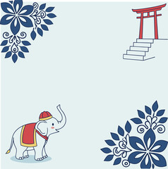 An elephant with a red hat and blanket stands amid blue floral designs, with a red Torii gate and steps in the background.