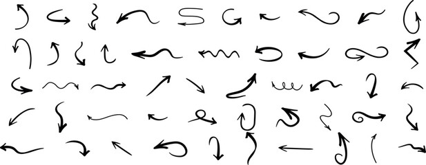 Charcoal hand drawn pencil arrows. Doodle curved chalk darts. Texture design elements of scribble lines. Vector illustration of hand painted crayon check lines