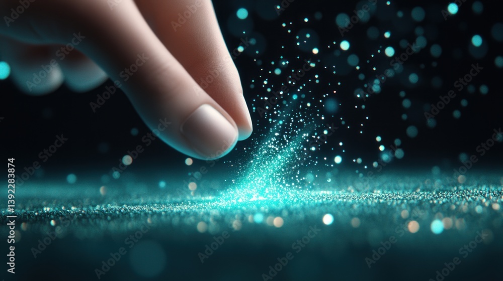 Leinwandbilder A fingertip gently touches glowing cyan particles floating on a dark surface creating a futuristic digital effect.