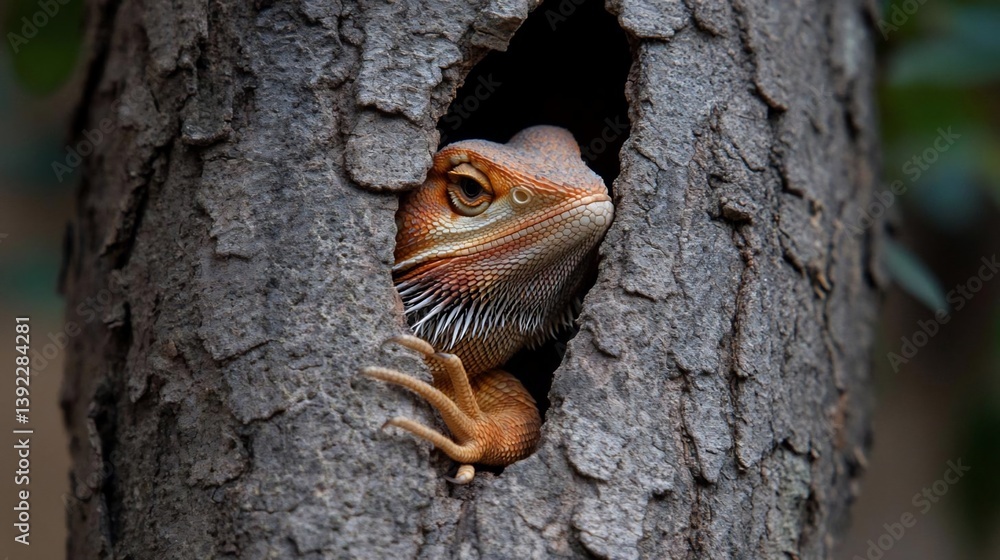 Poster Close-up view of a reptile with orange and brown scales peeking out of a hole in a tree trunk. The tree bark is textured and dark brown