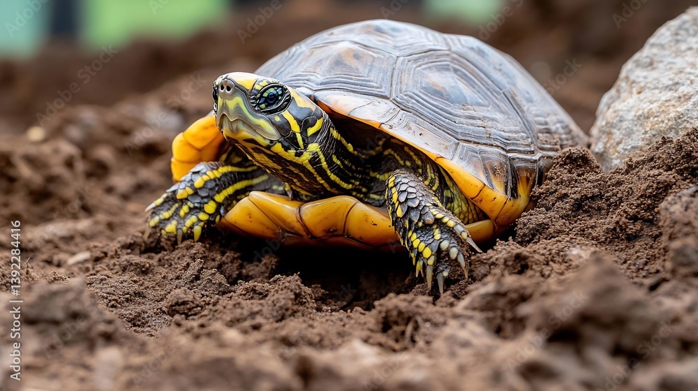 Poster Close-up of a turtle with a dark brown and yellow patterned shell on dark brown soil. The turtle is partially in the soil