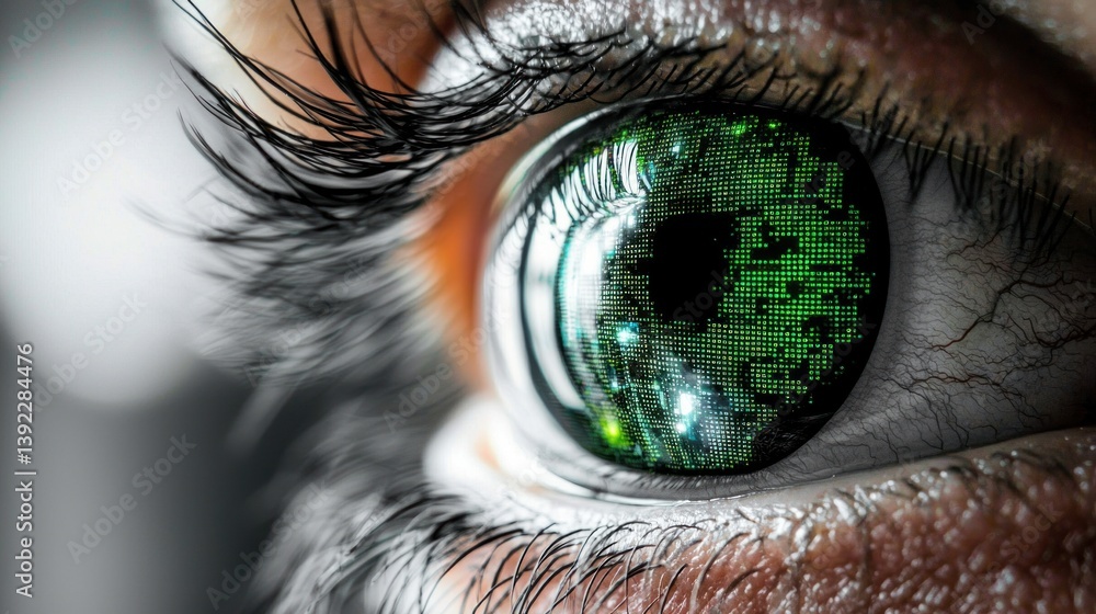 Poster close-up of a human eye with a green digital circuit board pattern reflecting in the iris.