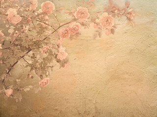 Blooming rose shrub branch, aged canvas floral background, large copy space, romantic pink gold toned desig