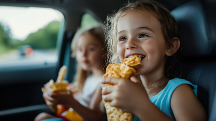 Parents and children enjoying delicious snacks during an exciting road trip