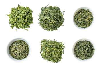 Six types of loose leaf green tea displayed on white background in bowls and piles showing vibrant isolated on transparent background