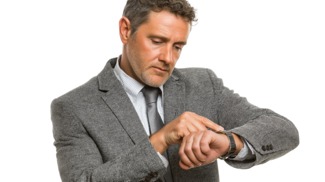 man in suit checking time on his wristwatch isolated on transparent white background