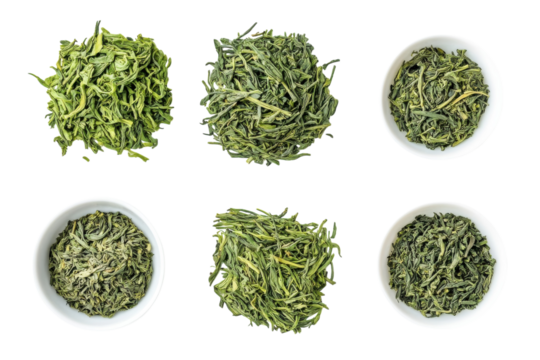 Six types of loose leaf green tea displayed on white background in bowls and piles showing vibrant isolated on transparent background