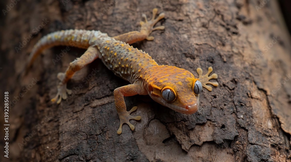 Poster close-up of a small gecko with orange and gray markings on rough brown bark. the gecko's large eyes 