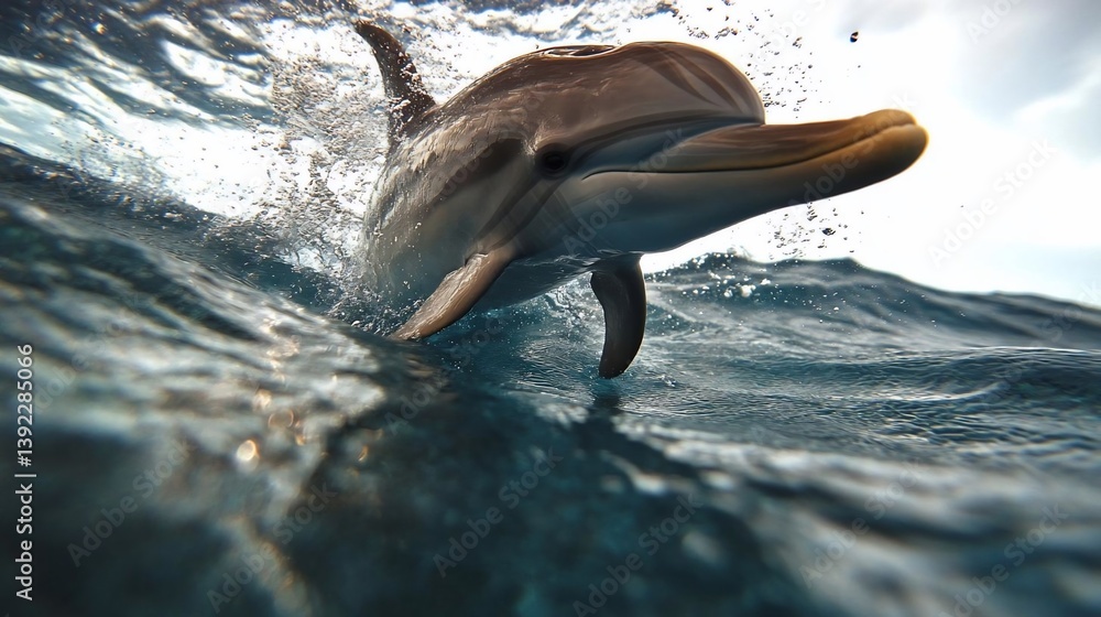 Poster a playful dolphin leaps from the ocean, creating a splash of water. sunlight glistens on the water's