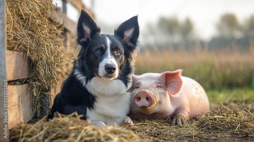 Poster a black and white border collie and a pink piglet rest together in a sunlit hay field. the animals a