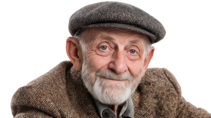 kind old man with gentle smile wearing tweed jacket and flat cap isolated on transparent white background