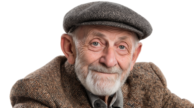 kind old man with gentle smile wearing tweed jacket and flat cap isolated on transparent white background