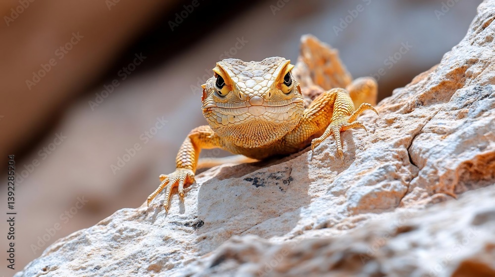 Poster Close-up of a small, yellow-tan lizard perched on a light-colored rock. The lizard is sharply in focus, while the background is blurred, creating a shallow depth of field. The lizard has a textured