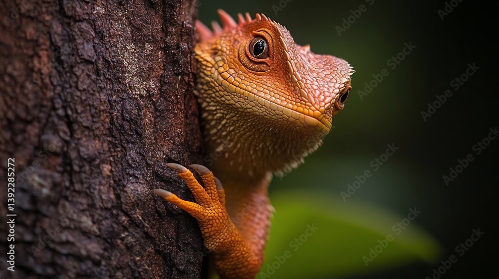 Poster close-up of an orange lizard on a dark brown tree trunk, with a blurred green background. the lizard