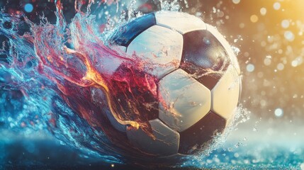 Naklejka premium Vibrant explosion of color radiating from dynamic soccer ball in mid-air on dark background, symbolizing energy, motion, and excitement in sports