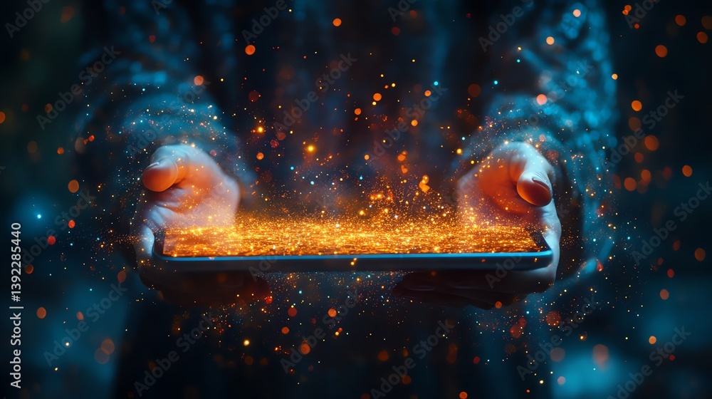 Poster person holding a glowing tablet with streams of data and light surrounding them, tech visualization,