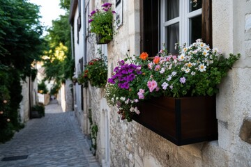 Fototapeta premium This quaint alleyway showcases colorful flowers in window boxes against charming architecture, evoking a sense of nostalgia and beauty in a peaceful setting.