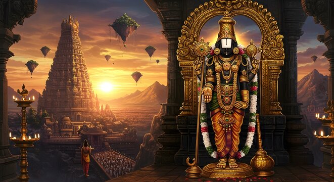 Lord Venkateswara Temple with Procession and Golden Sunset Art