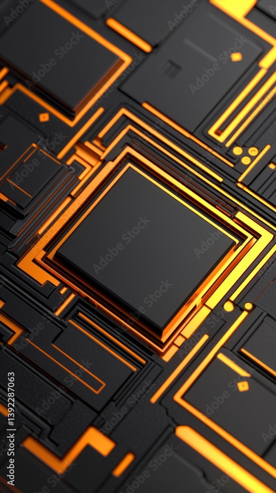 Poster Abstract 3D rende of a futuristic black and orange circuit board with glowing components and intricate details.
