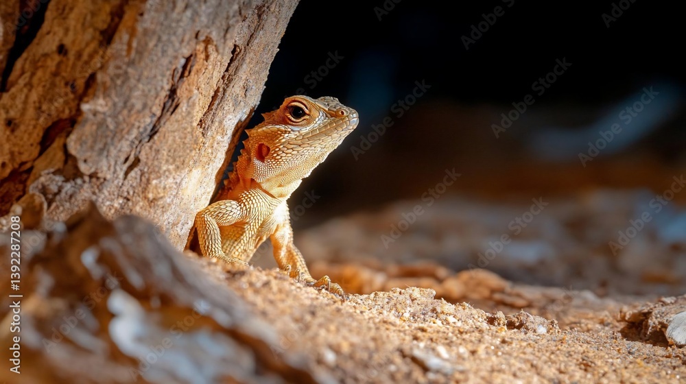 Poster Close-up view of a small, reddish-brown lizard with textured skin, partially hidden in a sandy crevice beneath a dark brown tree trunk. The lizard is illuminated by a warm light source, creating a