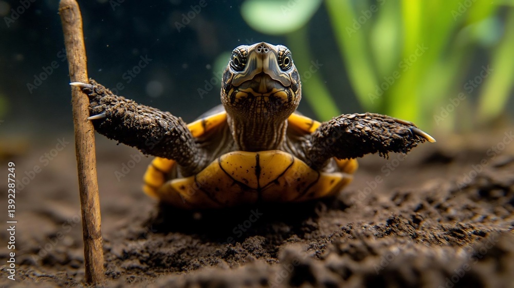 Poster Close-up view of a small turtle with yellow and black markings on its shell, positioned on dark brown soil with a small twig in the foreground. The turtle's front legs are slightly raised