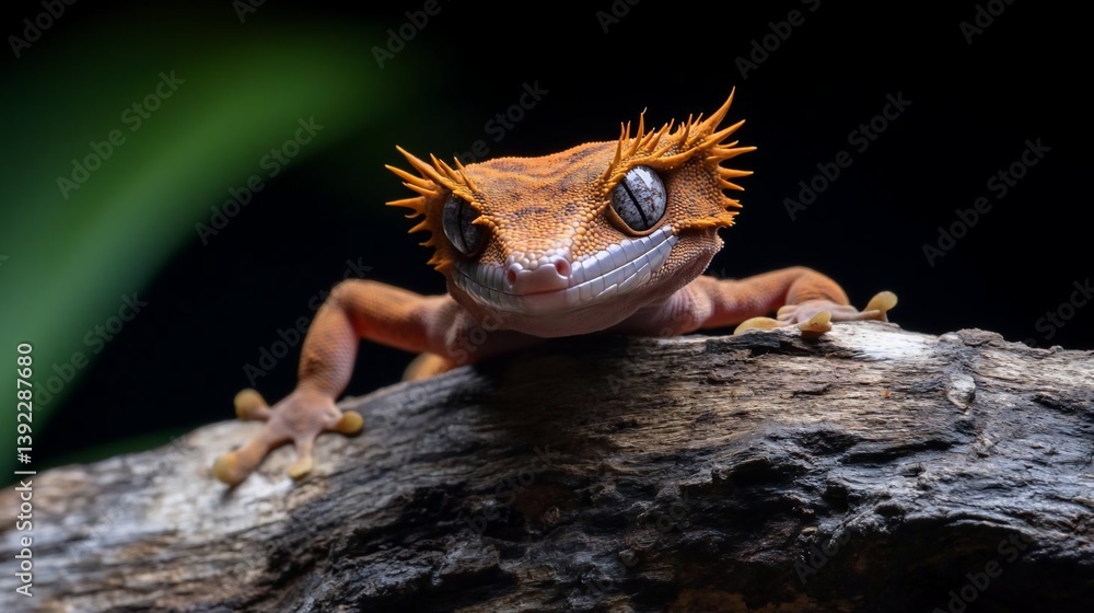 Poster close-up of an orange gecko on a dark brown wooden branch against a black background with a blurred 