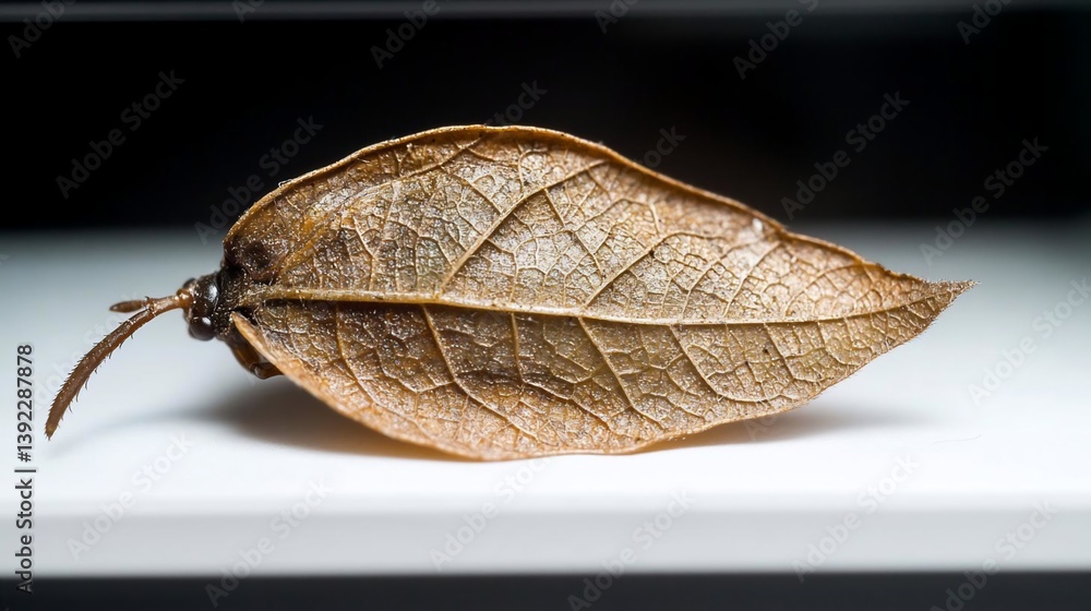 Poster close-up view of a dried, brown leaf with a small, dark stem attached. the leaf is lying on a bright