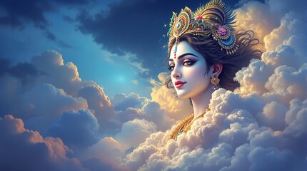 goddess saraswati face in cloud with divine expression, traditional Indian mythological art representing spirituality, devotion, and cultural heritage