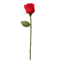 A beautiful red rose with green leaves, elegantly positioned against a white isolated background, symbolizing love and passion.
