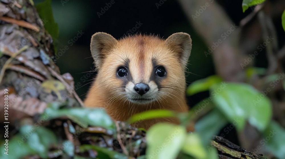 Poster close-up of a small, orange-brown mammal with dark eyes peering from behind lush green foliage. the 