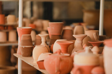 Handmade clay pottery collection on shelf with varied shapes and earthy colours in studio