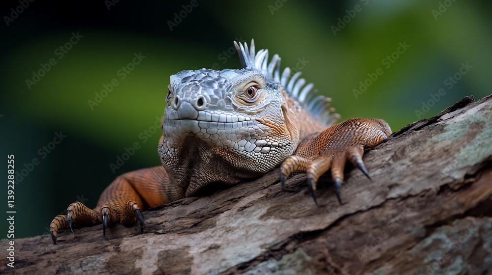 Poster close-up of a vibrant iguana, predominantly orange and gray, perched on a textured brown tree branch