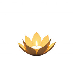 A beautifully crafted lotus-shaped candle holder with a lit candle in the center, set against a white isolated background, symbolizing tranquility and peace.