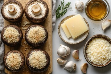 Fototapeta premium Stuffed Mushrooms with Garlic and Cheese on Rustic Wooden Board 