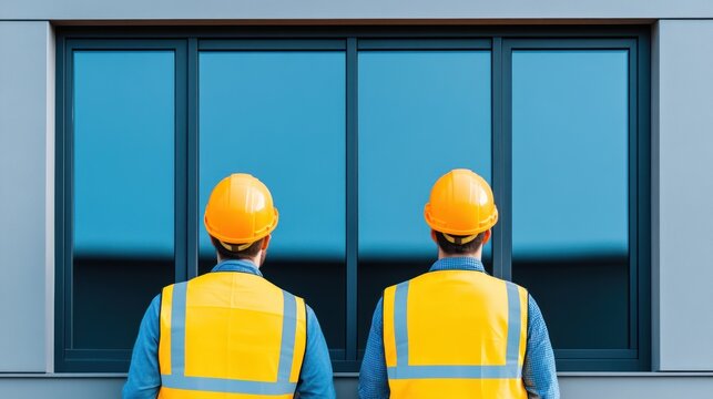 Two construction workers in yellow vests and hard hats stand before a large modern building window.