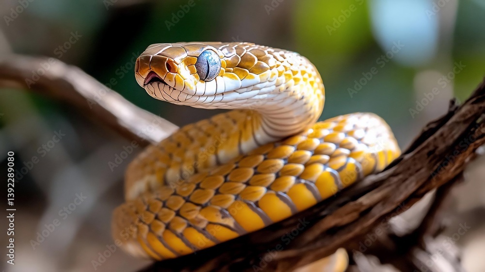 Aufkleber close-up of a yellow snake with blue eyes wrapped around a tree branch. the snake's scales are visib