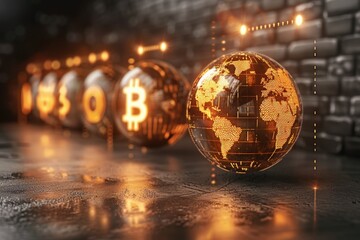 Digital globe with Bitcoin symbols and glowing elements in a dark setting.