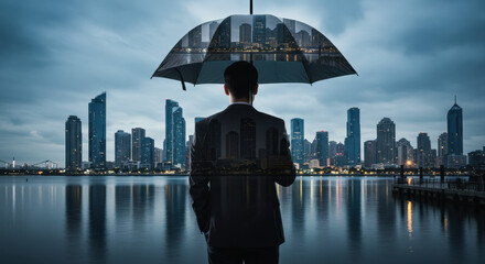 Cityscape Guardian: Businessman Under Umbrella Reflecting Urban Strength, Modern Business Vision & Protection