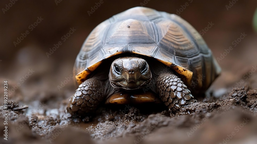 Aufkleber Close-up view of a tortoise traversing muddy earth. The tortoise's shell is brown and textured, its face is serious, and its legs are visible moving through the dark brown mud. The image is sharply