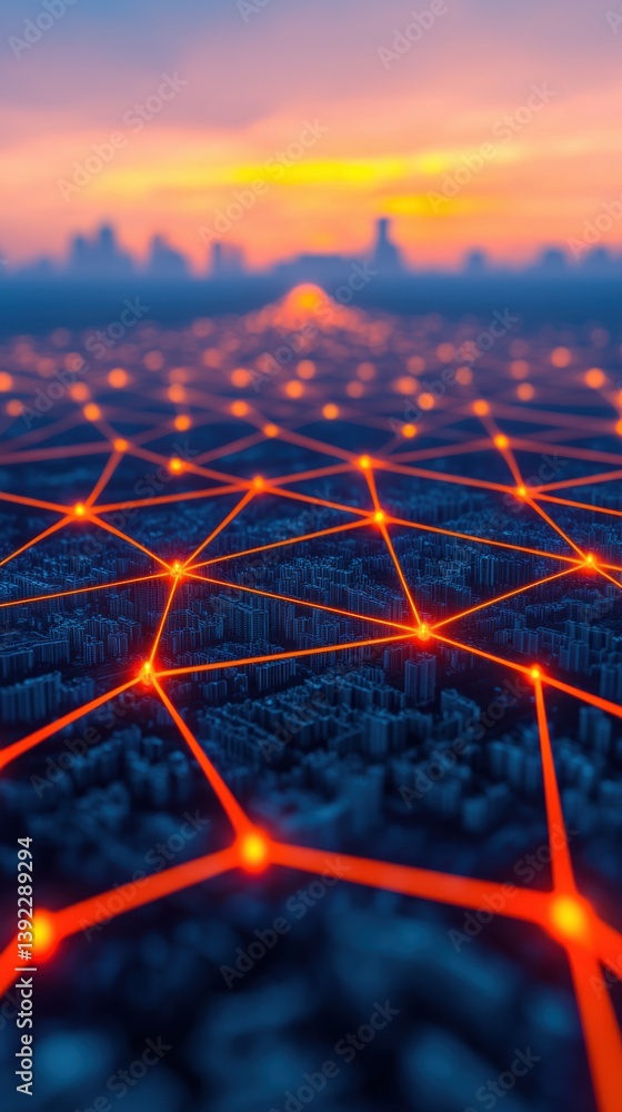 Poster a futuristic cityscape at sunset is illuminated by a vibrant network of glowing connections and node