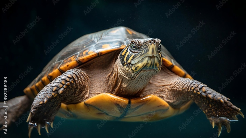 Poster close-up of a turtle swimming underwater, dark background, detailed shell pattern visible